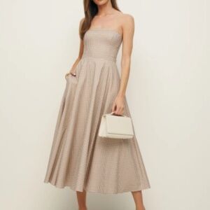 Reformation Beige Checkered Midi Dress